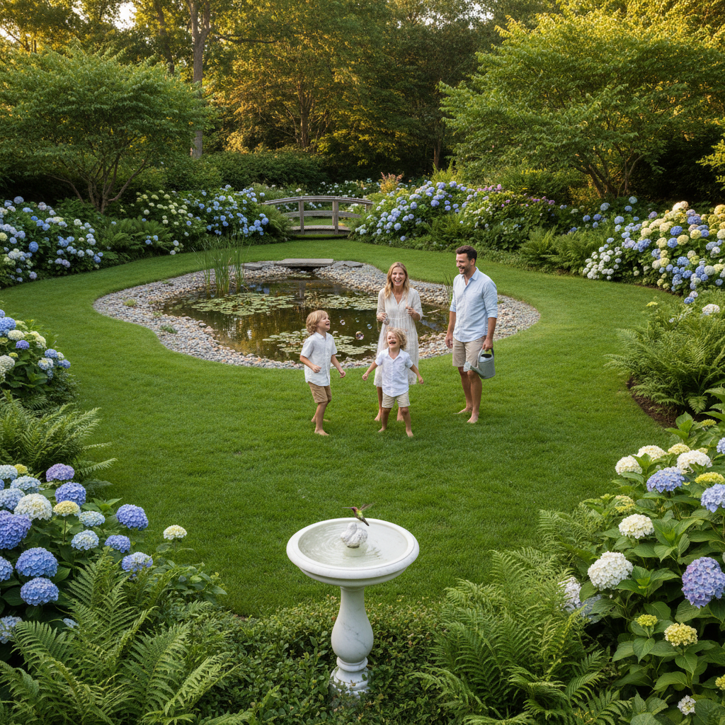 Family enjoying a mosquito-free backyard with lush plants and clean water features