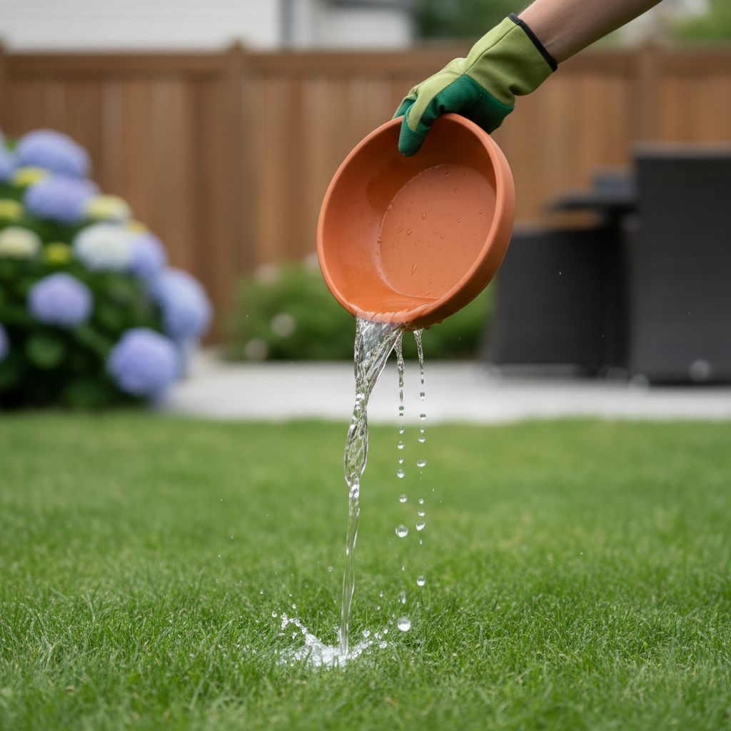 Homeowner emptying standing water from a bird bath to prevent mosquito breeding