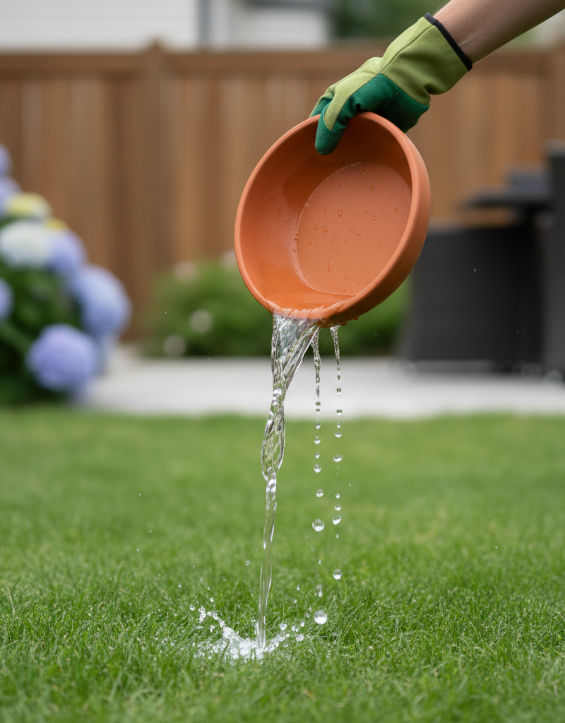 Homeowner emptying standing water from a bird bath to prevent mosquito breeding