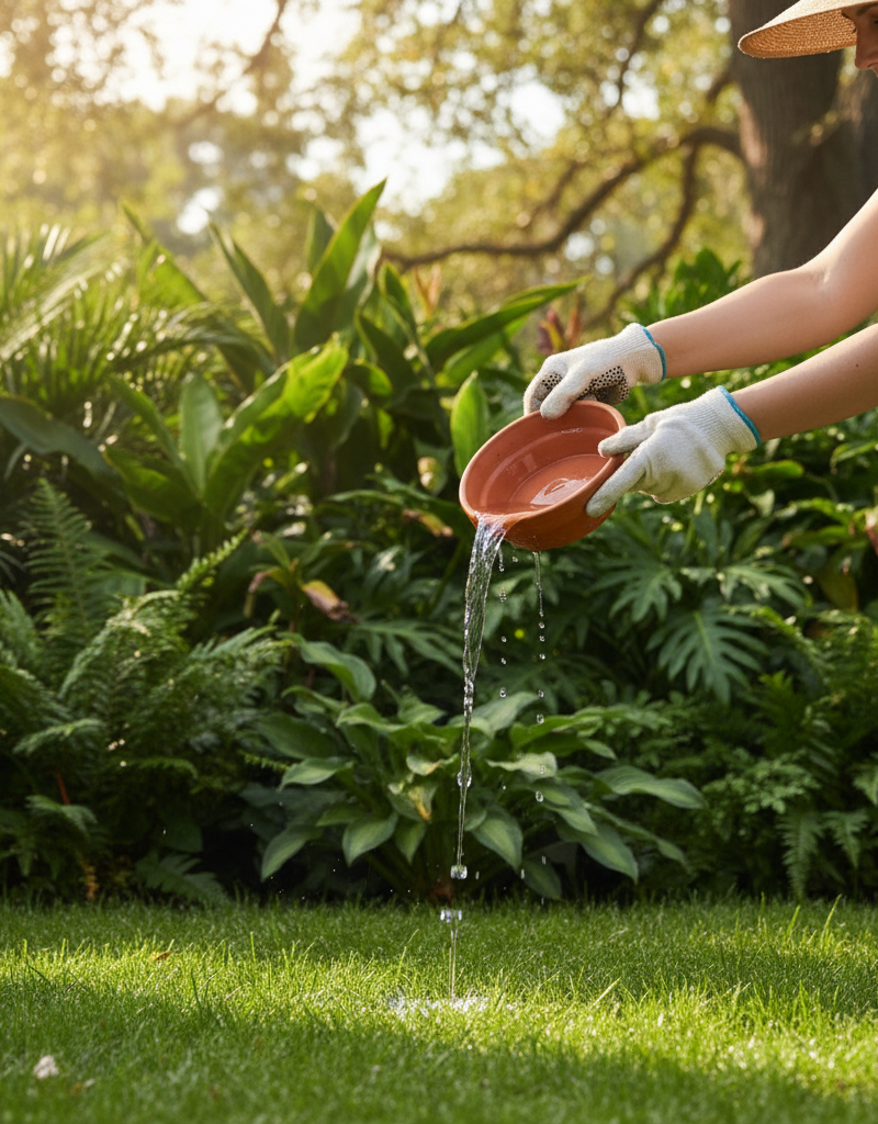 Homeowner emptying a plant saucer to remove standing water, a key step in natural mosquito control.