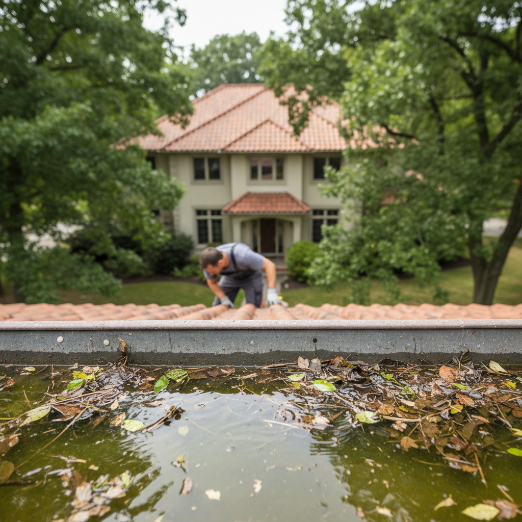 Homeowner inspects a clogged rain gutter for standing water, a common mosquito breeding ground.