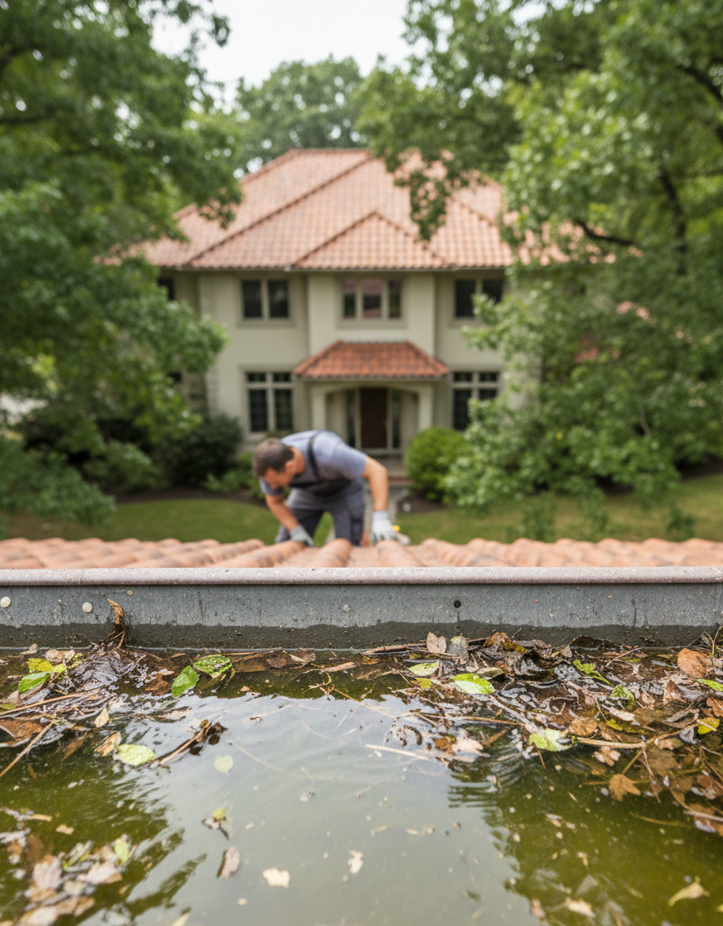 Homeowner inspects a clogged rain gutter for standing water, a common mosquito breeding ground.