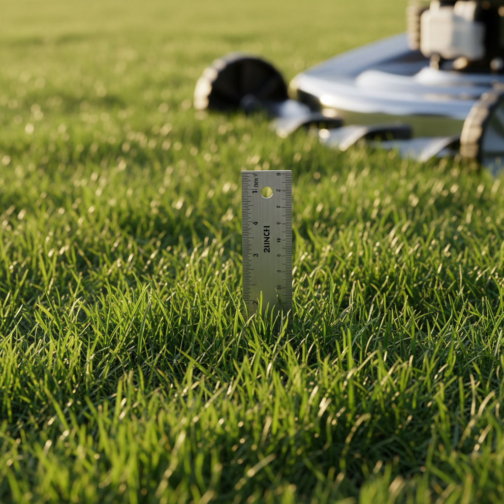 Healthy green lawn after proper mowing with a ruler showing ideal grass height and a sharp mower blade slightly visible.