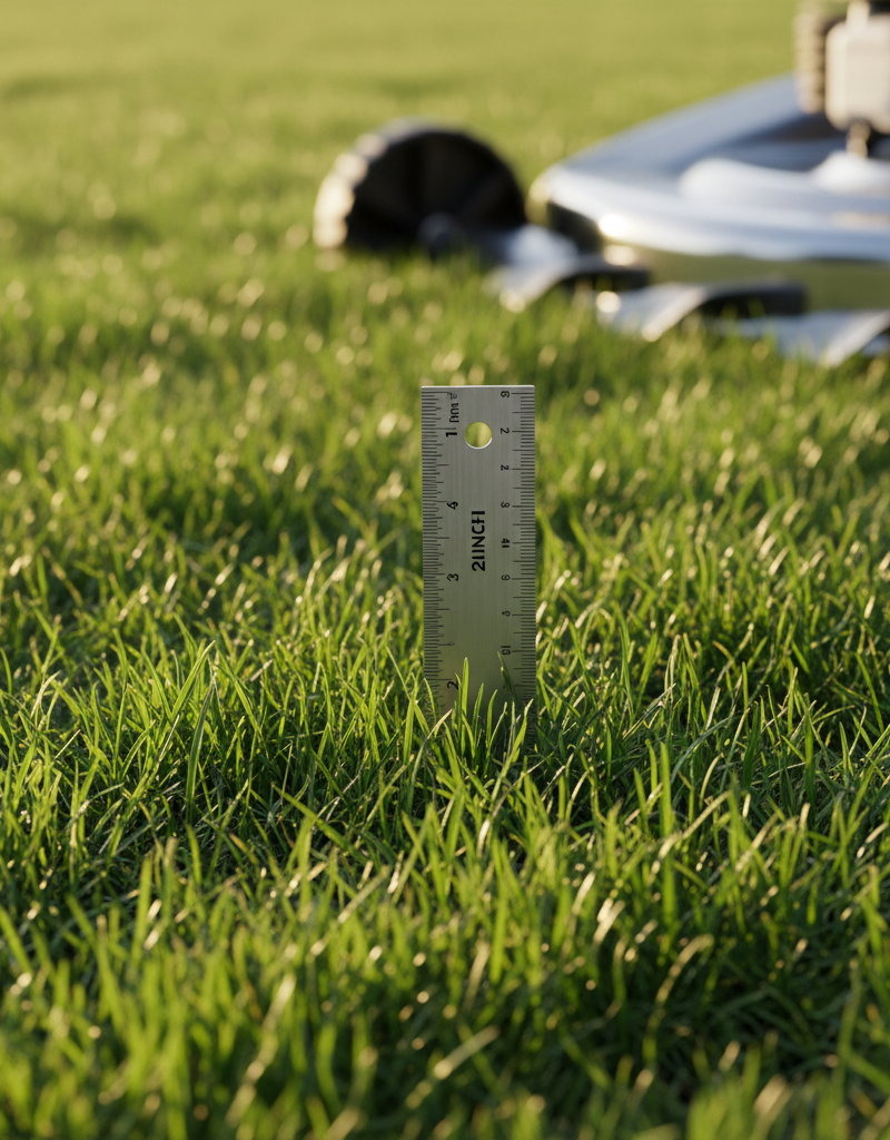 Healthy green lawn after proper mowing with a ruler showing ideal grass height and a sharp mower blade slightly visible.