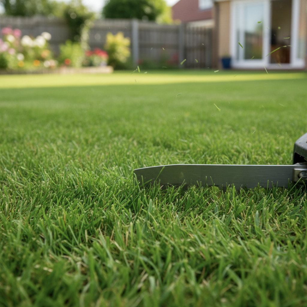 Close-up of a sharp lawnmower blade cleanly cutting lush, green grass on a healthy lawn
