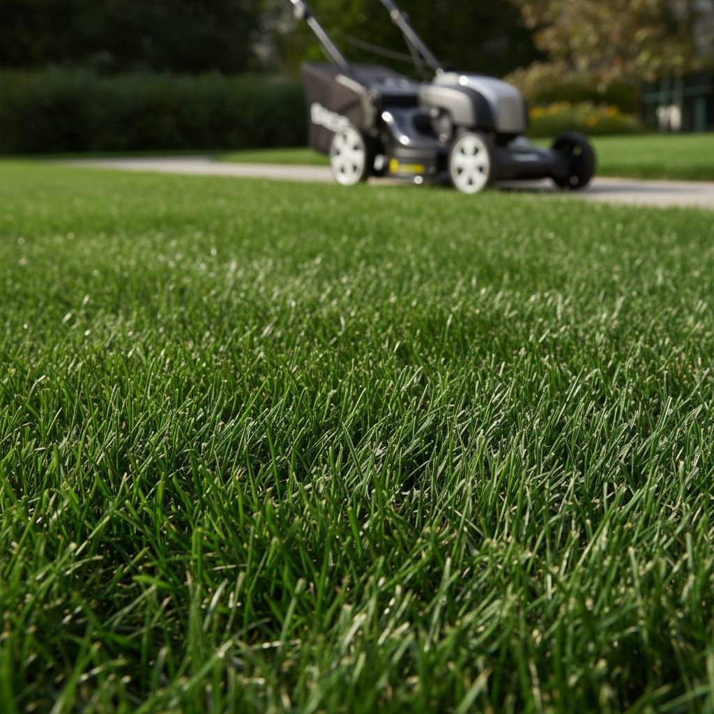 Lush green lawn with grass blades cut to a healthy height by a modern lawnmower.
