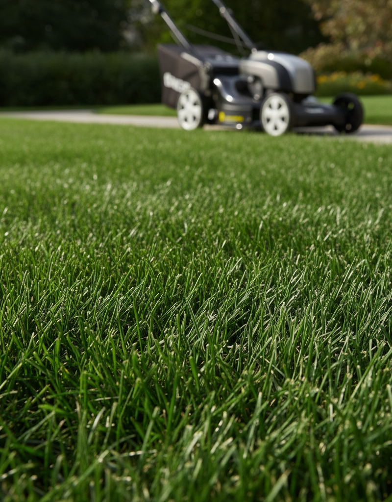 Lush green lawn with grass blades cut to a healthy height by a modern lawnmower.