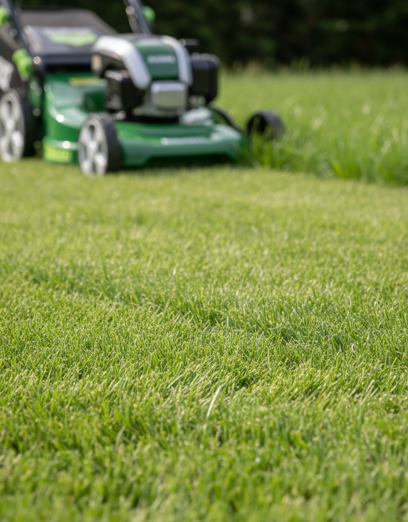 A perfectly manicured, healthy green lawn showing the ideal mowing height and sharp, clean-cut grass blades.