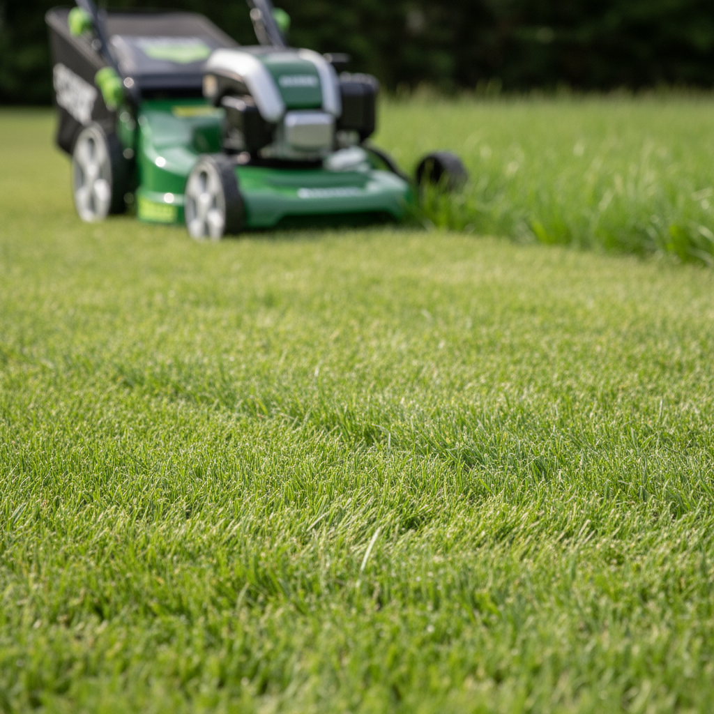 A perfectly manicured, healthy green lawn showing the ideal mowing height and sharp, clean-cut grass blades.