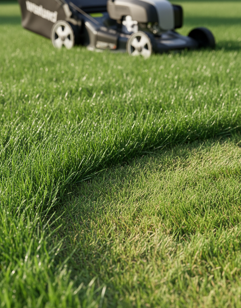 Close up of healthy green grass next to shorter, stressed grass, with lawnmower in background.