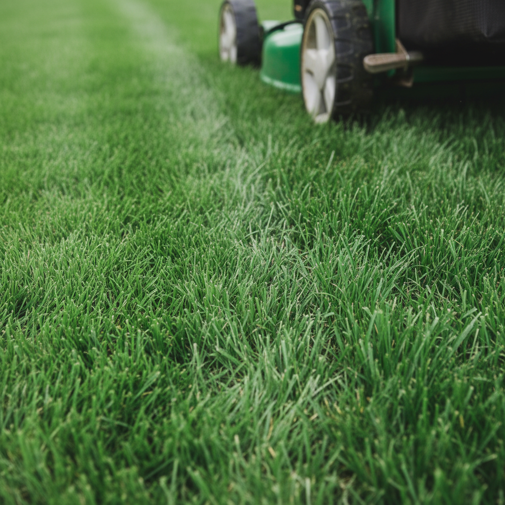 Healthy green grass with varying blade lengths, demonstrating proper mowing height versus scalped lawn, with a lawnmower wheel in the background