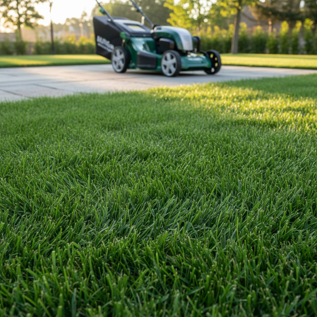 Close-up of healthy green grass with a properly set lawnmower in the background.