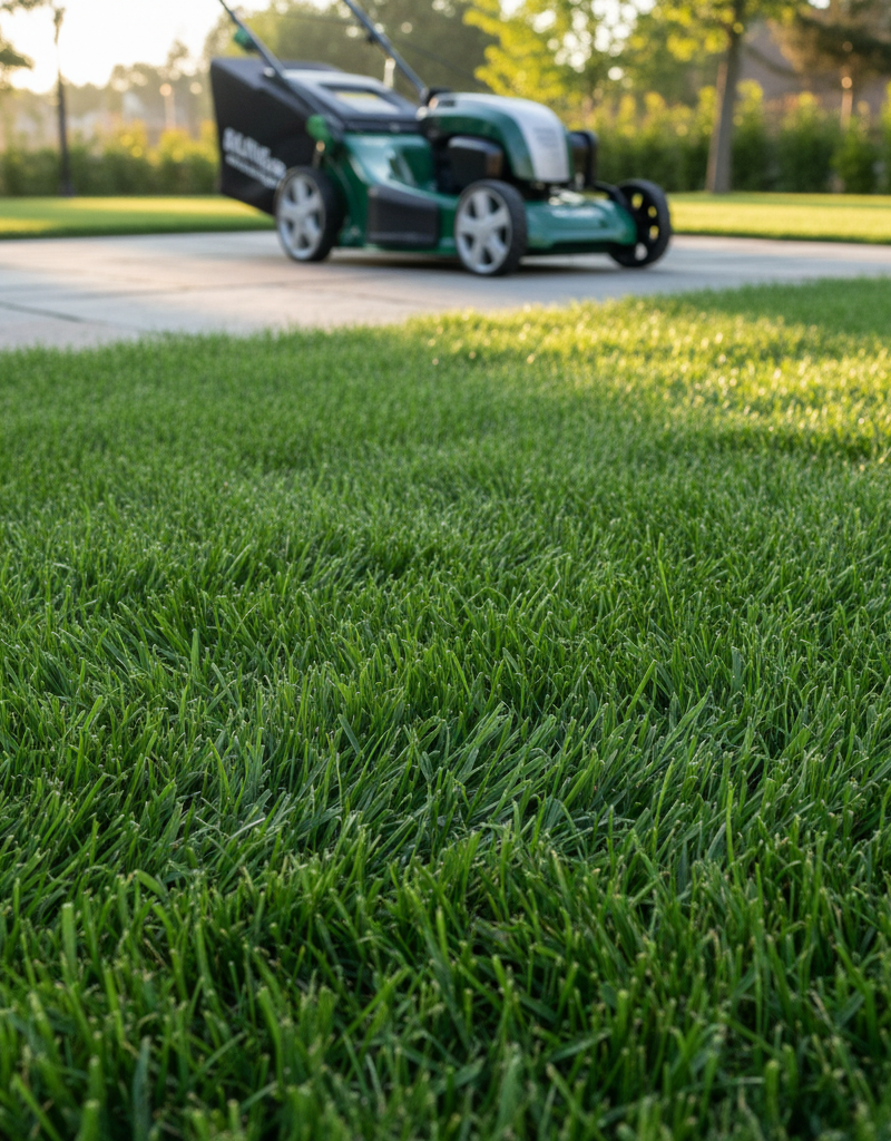 Close-up of healthy green grass with a properly set lawnmower in the background.
