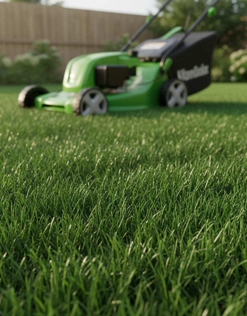 Healthy green lawn after proper mowing, showing ideal grass blade length.