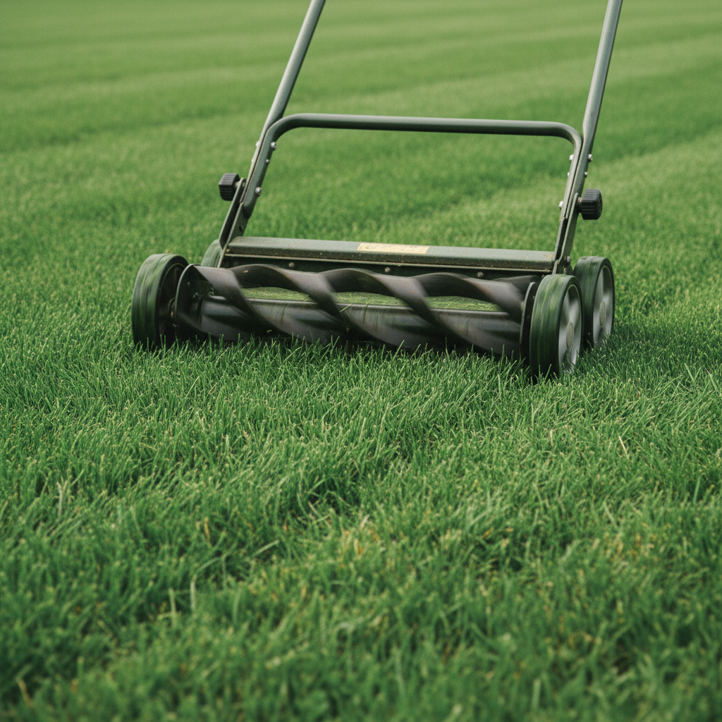 Close-up of a lawn mower cutting healthy, green grass that is at an ideal height, showing a clean blade path.