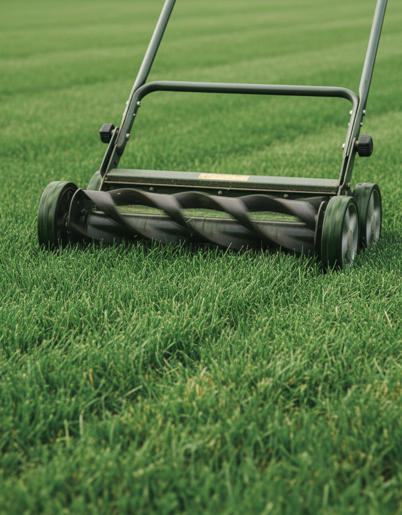 Close-up of a lawn mower cutting healthy, green grass that is at an ideal height, showing a clean blade path.