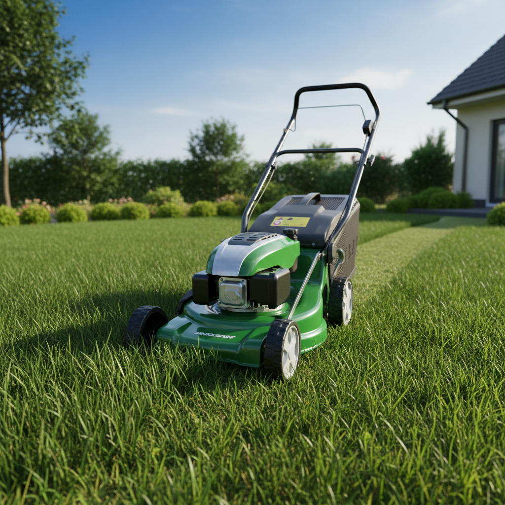 A push lawnmower with its deck set high, cutting lush, green grass for a healthy lawn.