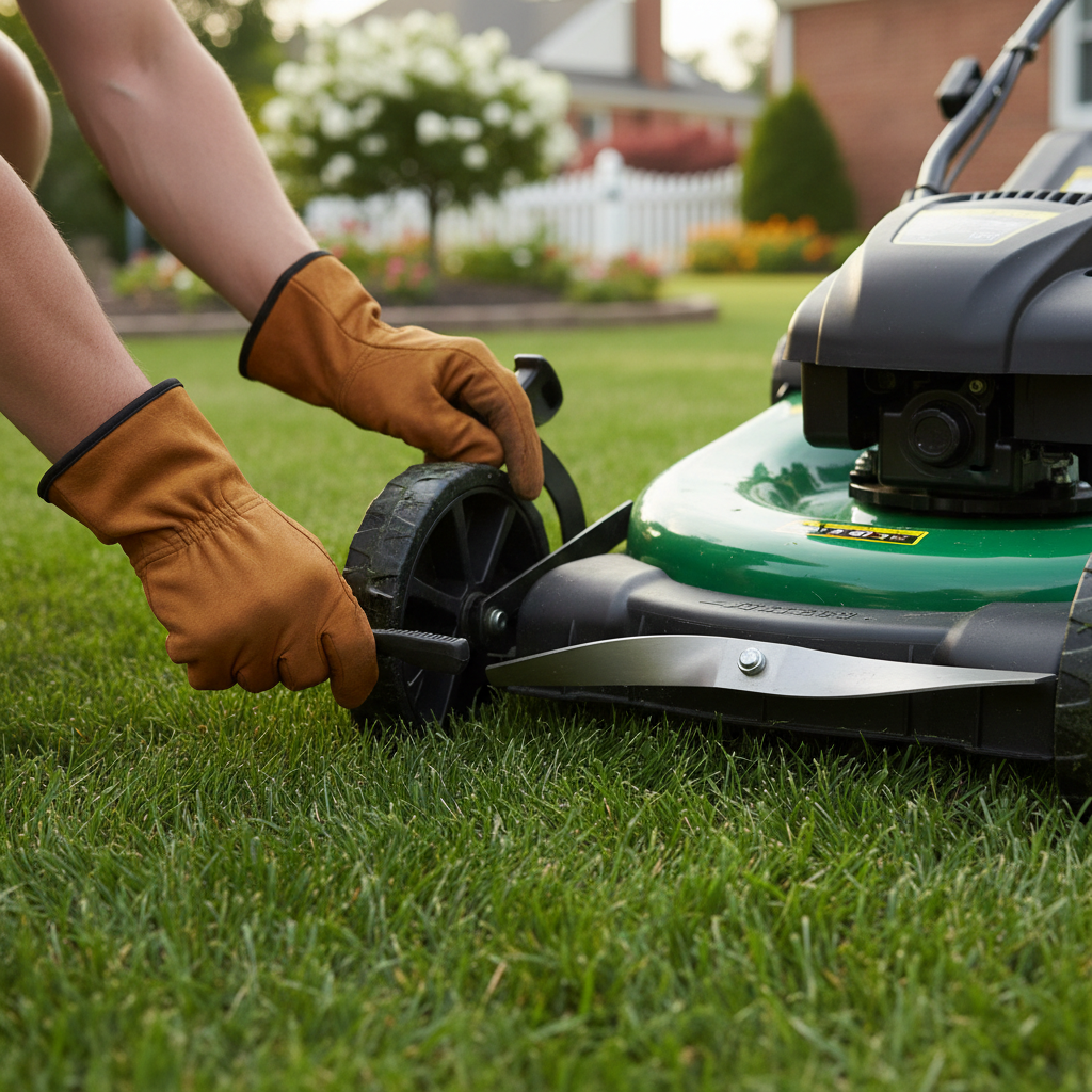 Homeowner adjusting the cutting height of a push lawnmower on a green lawn to prevent mowing mistakes and promote healthier grass.