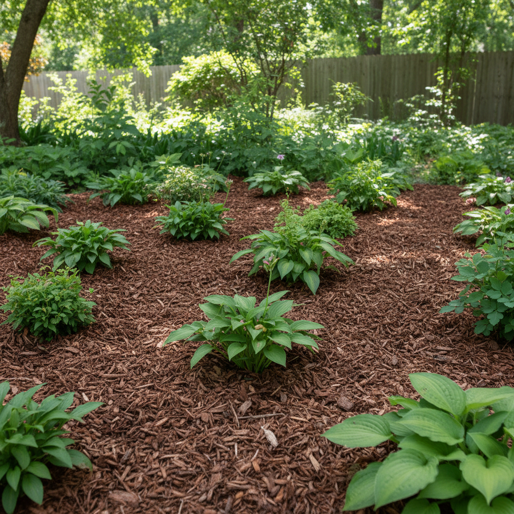A perfectly mulched garden bed with abundant green plants and thick, dark shredded bark mulch, effectively suppressing weeds.
