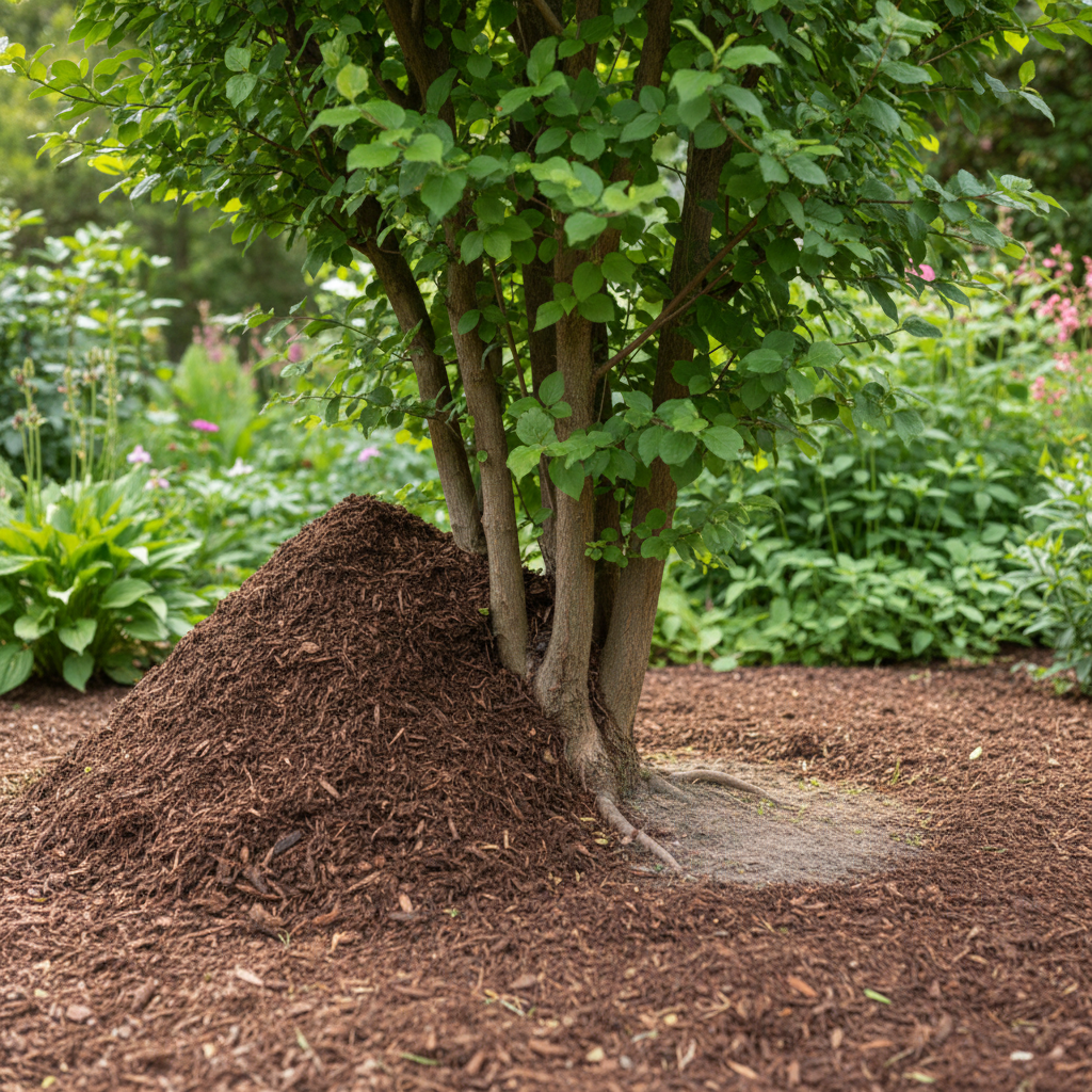 Illustration showing a tree with a mulch volcano on one side and correctly applied mulch with an exposed root flare on the other.