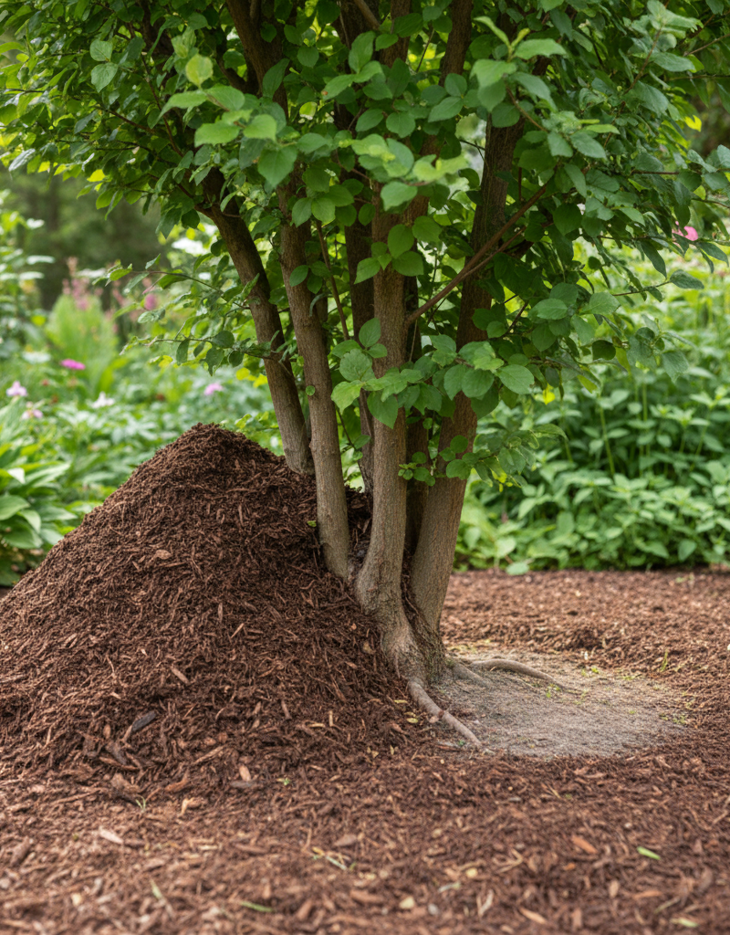 Illustration showing a tree with a mulch volcano on one side and correctly applied mulch with an exposed root flare on the other.