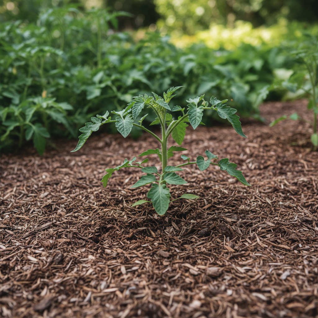Correctly mulched garden bed with a clear space around a plant's base, avoiding the 'mulch volcano' error.
