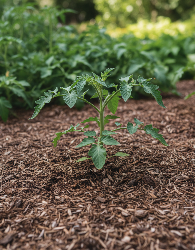 Correctly mulched garden bed with a clear space around a plant's base, avoiding the 'mulch volcano' error.
