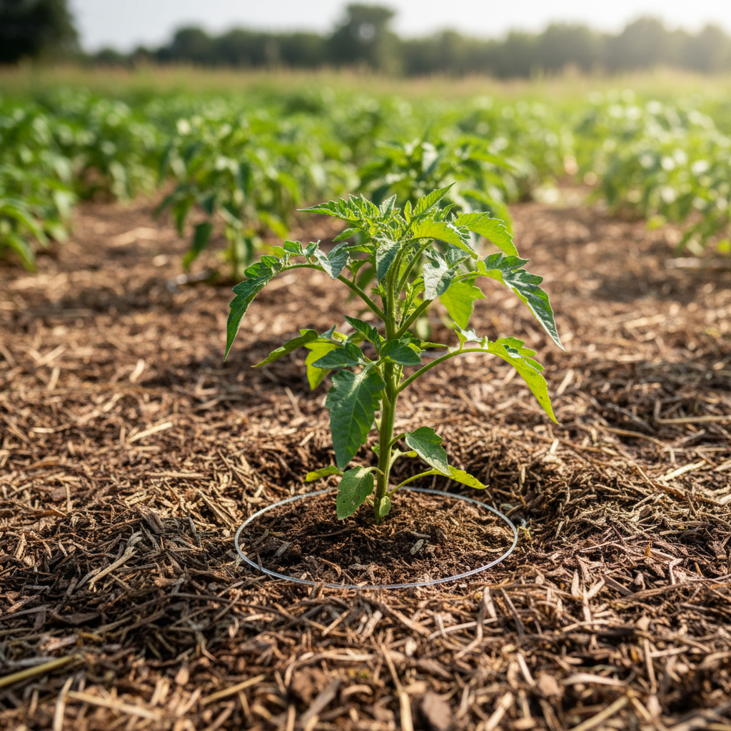 Garden bed with correctly applied organic mulch, leaving a clear space around the base of a healthy plant.
