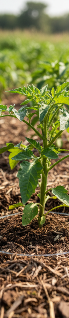 Garden bed with correctly applied organic mulch, leaving a clear space around the base of a healthy plant.