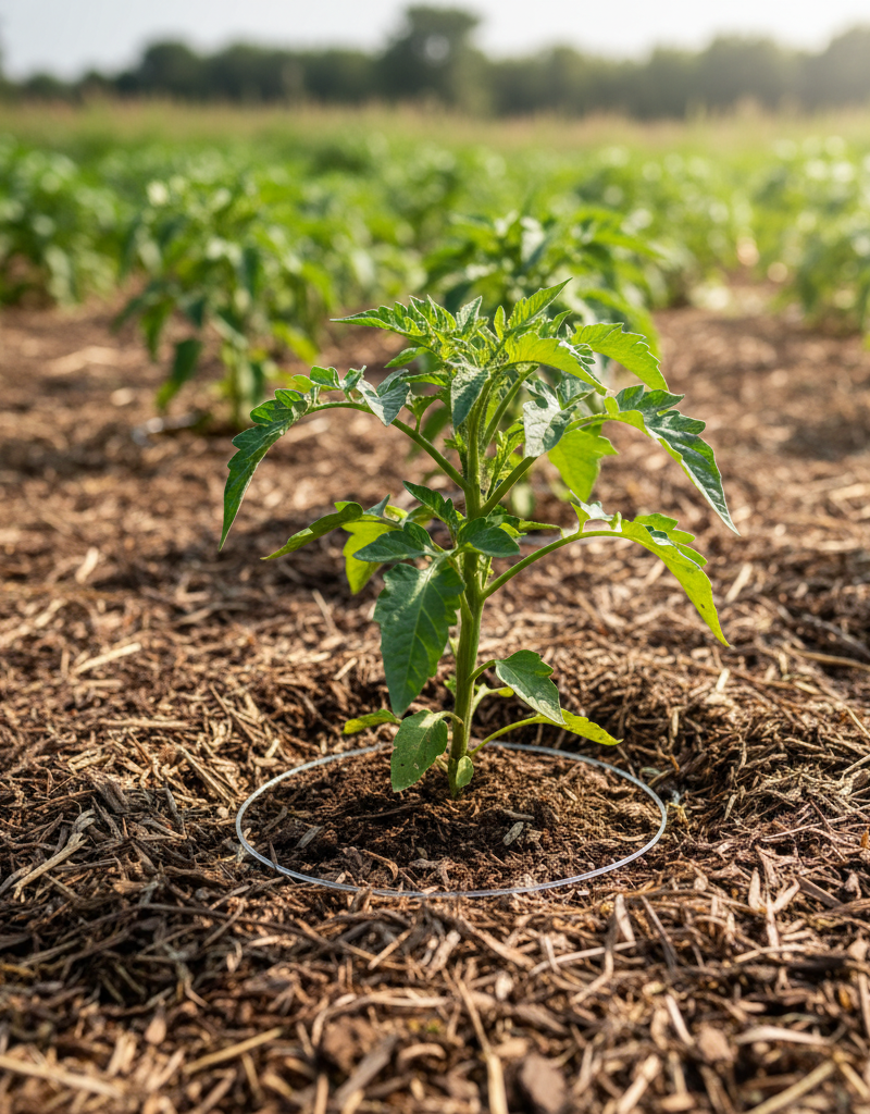 Garden bed with correctly applied organic mulch, leaving a clear space around the base of a healthy plant.
