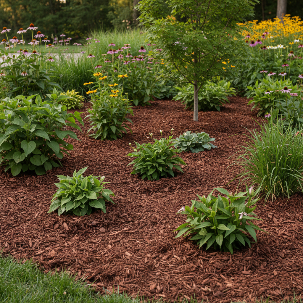 Garden bed properly mulched, with wood chips pulled back from plant stems