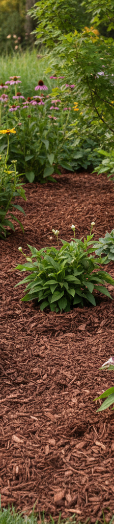 Garden bed properly mulched, with wood chips pulled back from plant stems