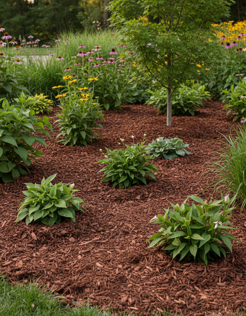 Garden bed properly mulched, with wood chips pulled back from plant stems