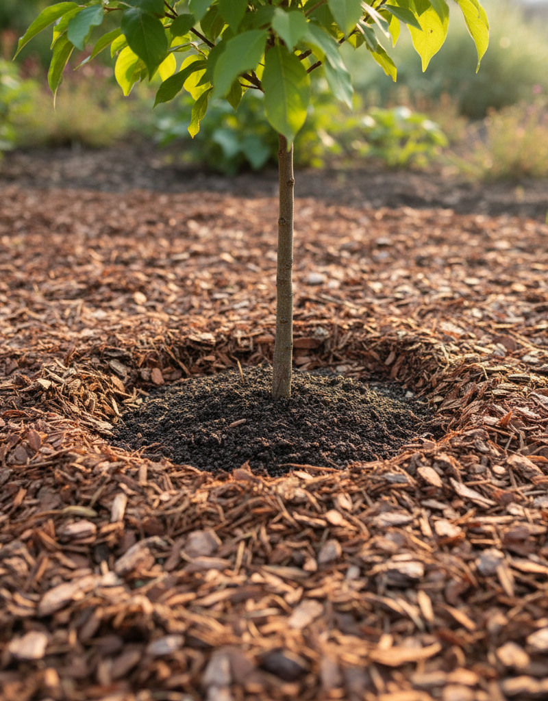 Correctly mulched garden bed with a clear ring around a young tree trunk, preventing pests.