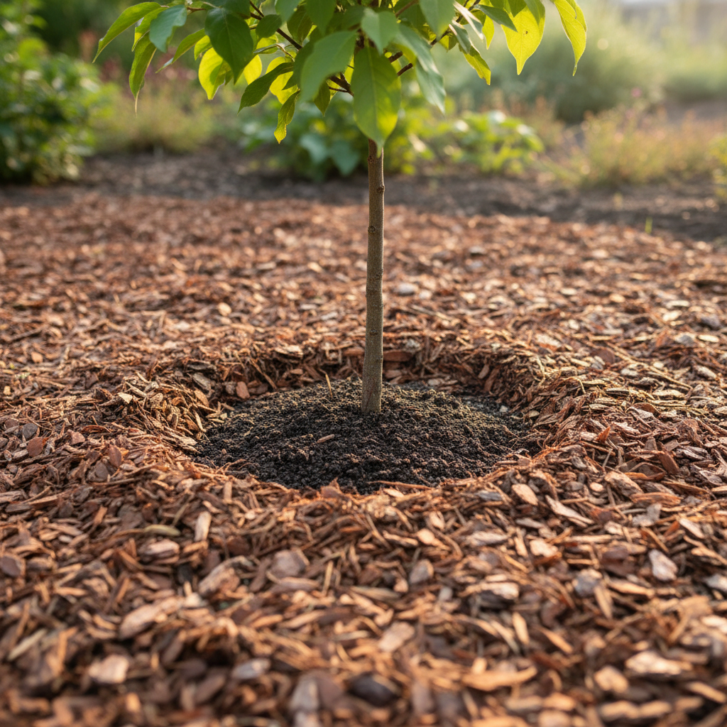 Correctly mulched garden bed with a clear ring around a young tree trunk, preventing pests.