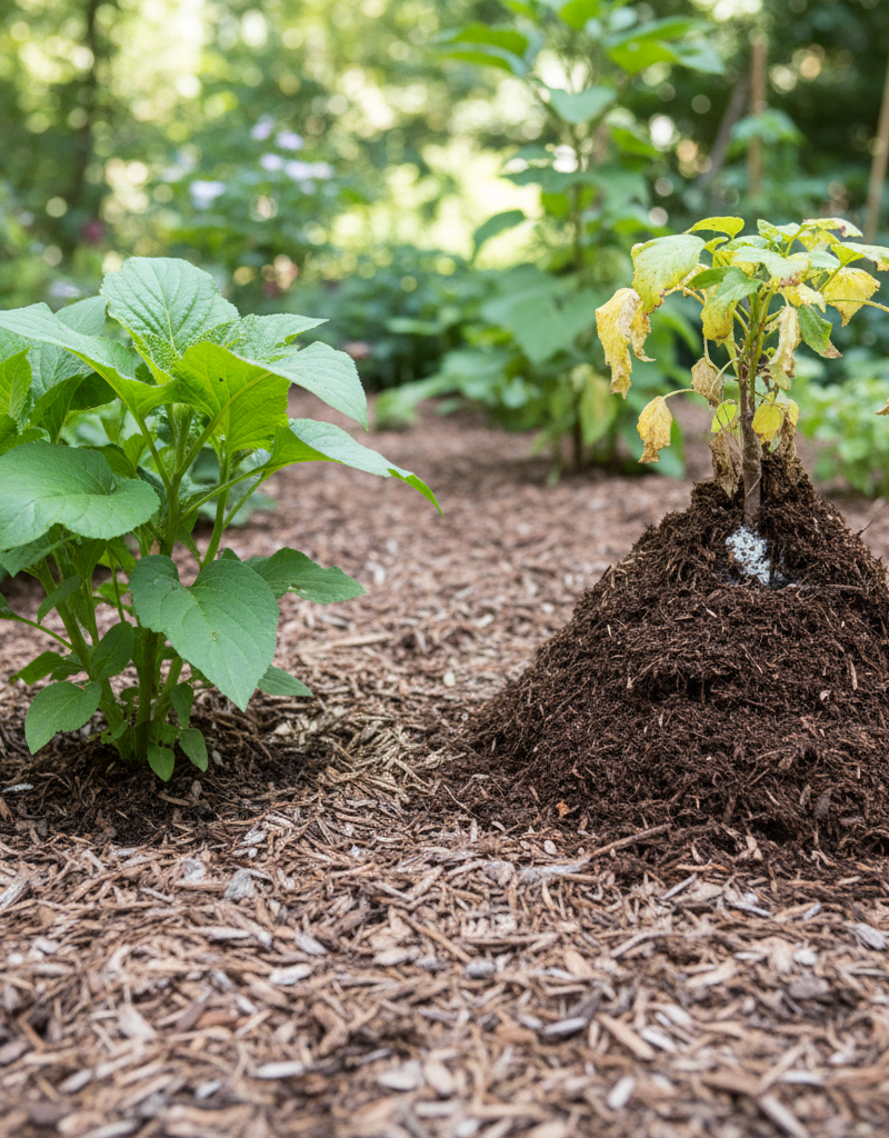 Correctly mulched garden bed with a clear gap around the plant stem, contrasted with a 'mulch volcano' mistake.