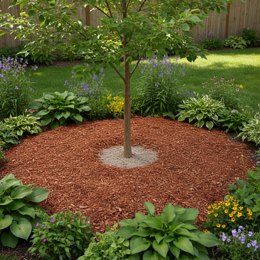 Properly mulched garden bed with a 'donut' around a tree base, showing healthy plants.