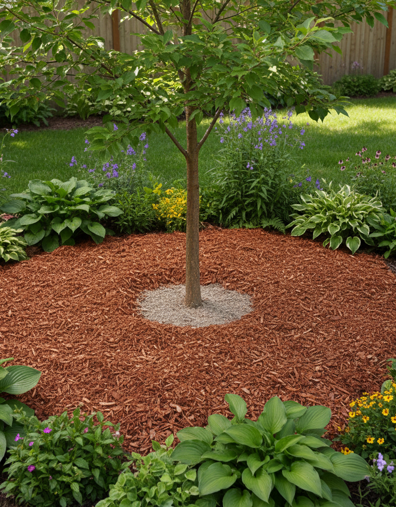 Properly mulched garden bed with a 'donut' around a tree base, showing healthy plants.