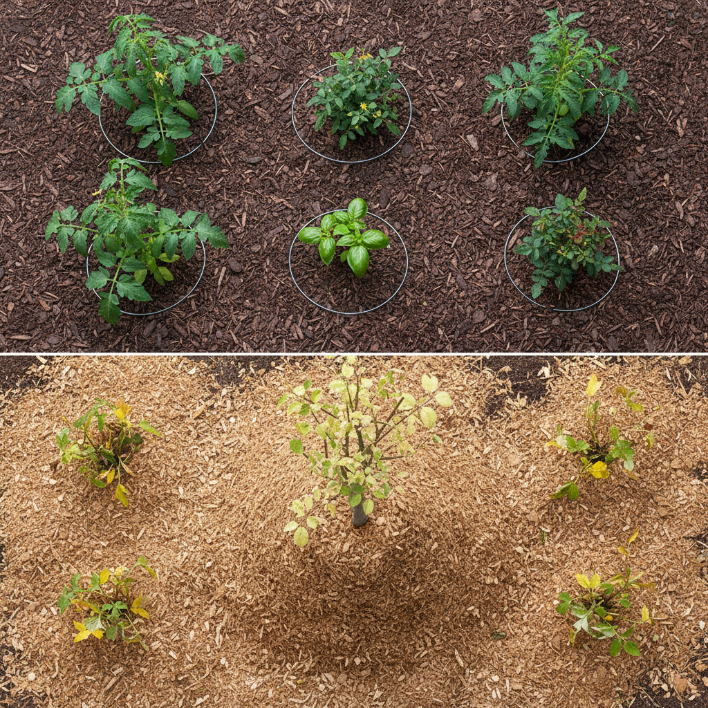 Garden bed half correctly mulched with shallow layer around plants, half incorrectly mulched with thick 'volcano' around tree