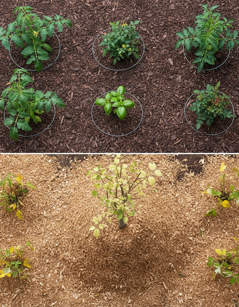 Garden bed half correctly mulched with shallow layer around plants, half incorrectly mulched with thick 'volcano' around tree