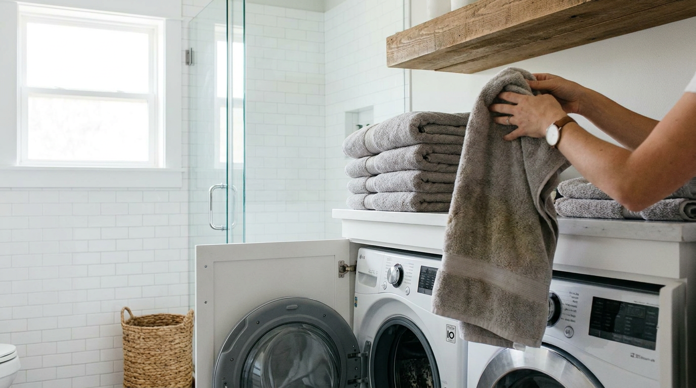 A stack of clean but musty-smelling bath towels in a bathroom.