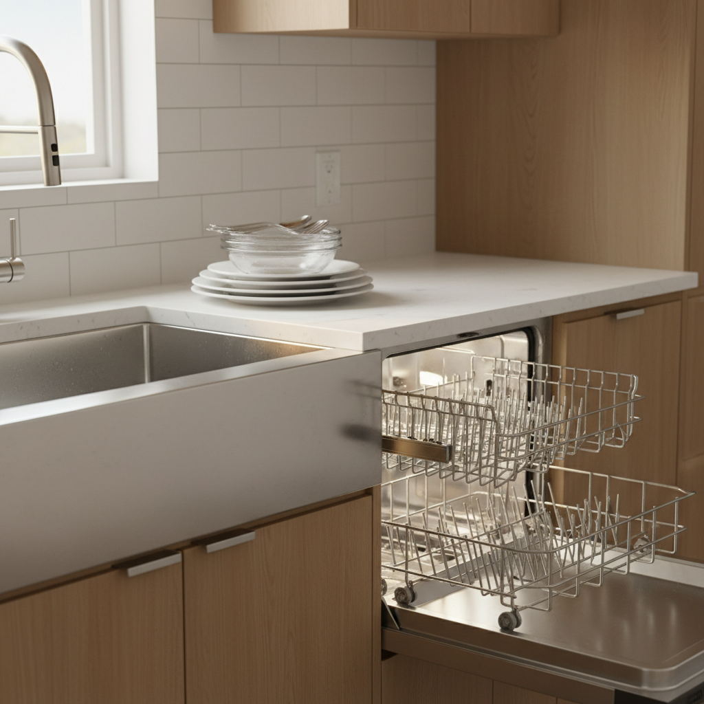 Sparkling clean dishes next to a clean, open dishwasher in a modern kitchen.