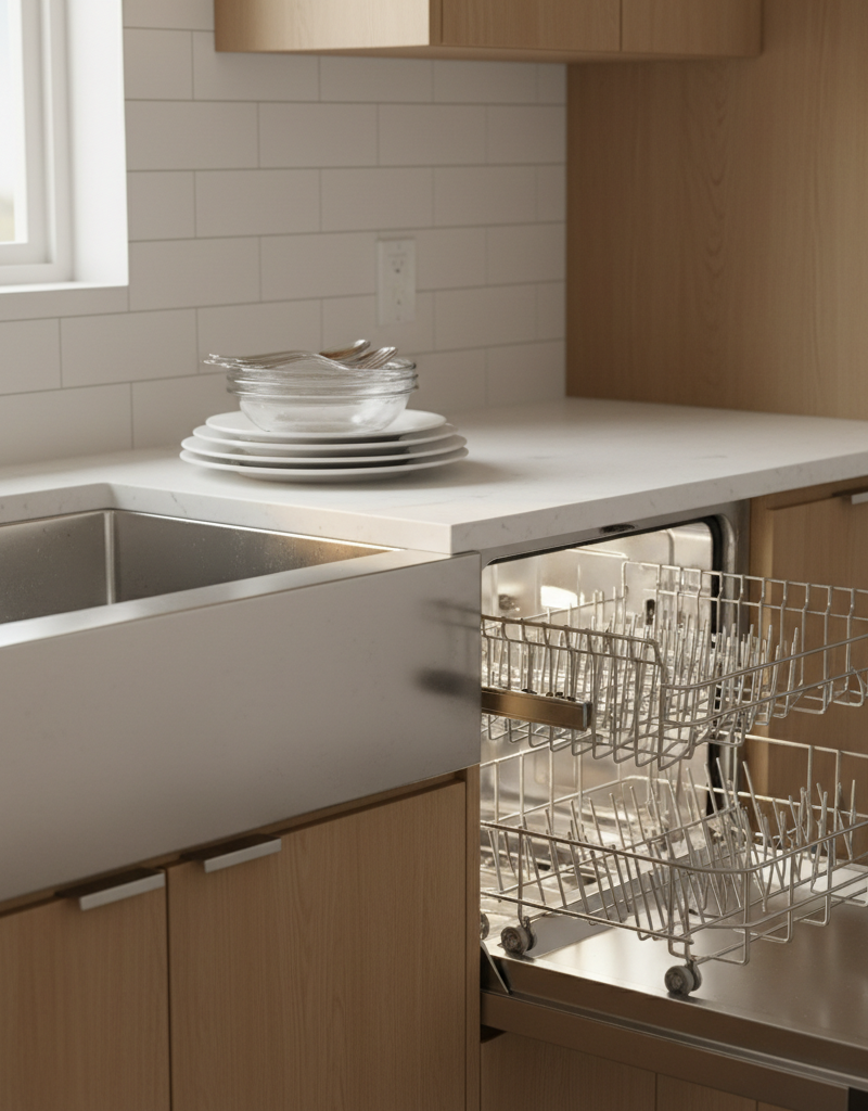 Sparkling clean dishes next to a clean, open dishwasher in a modern kitchen.