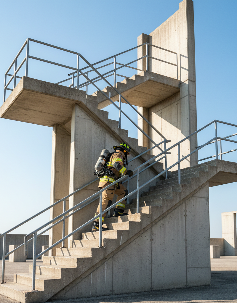 Firefighter in full gear climbing a concrete training staircase to demonstrate physical readiness.