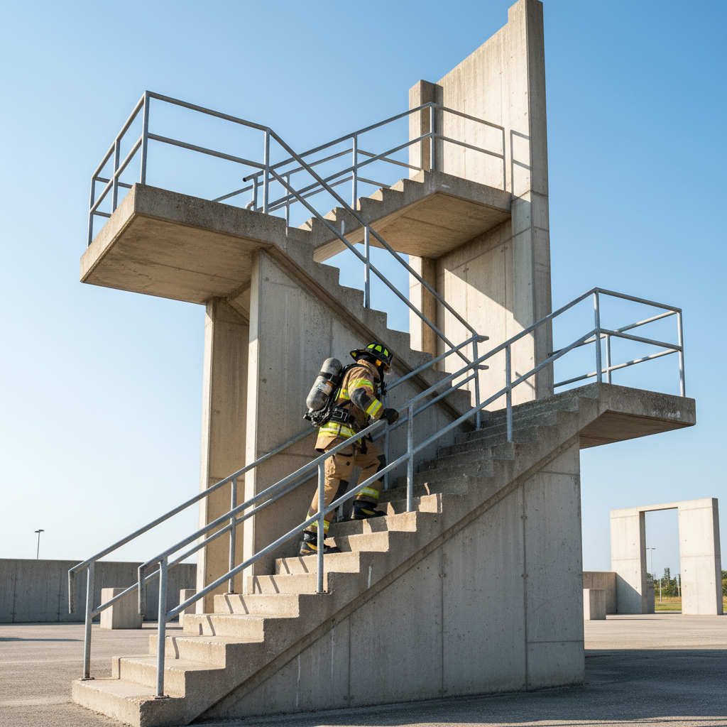 Firefighter in full gear climbing a concrete training staircase to demonstrate physical readiness.