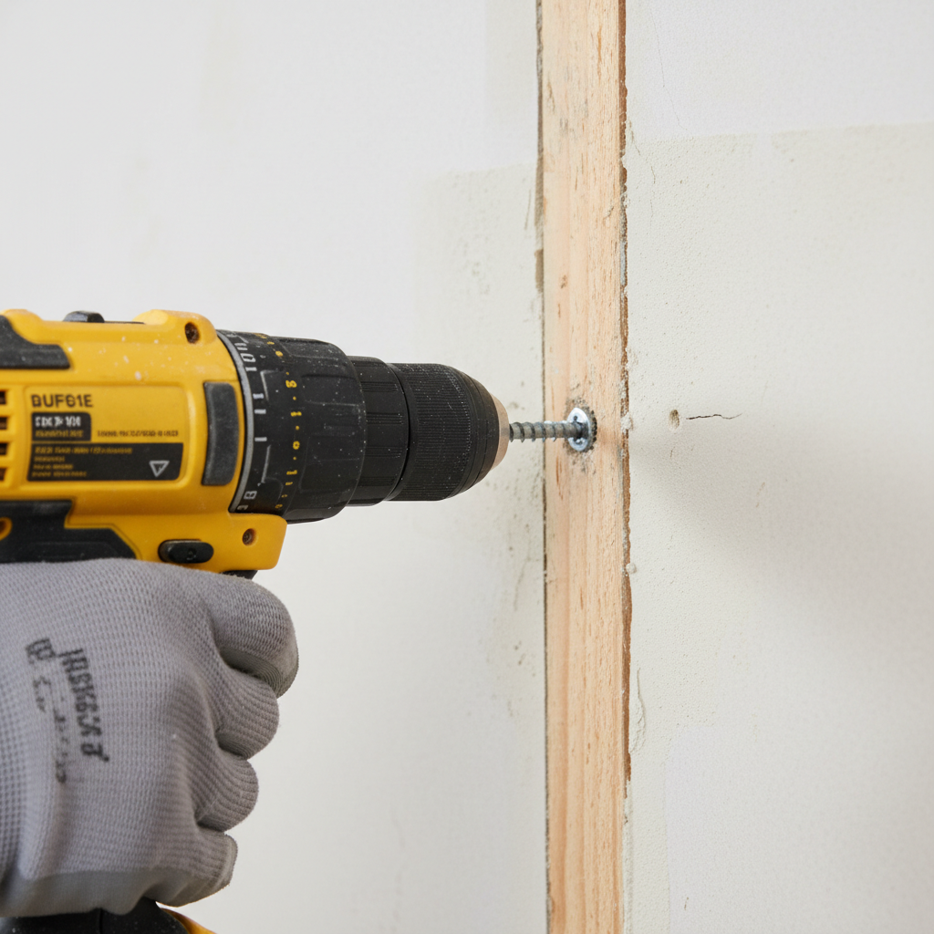 Homeowner using a drill to fix a drywall nail pop by installing a new screw