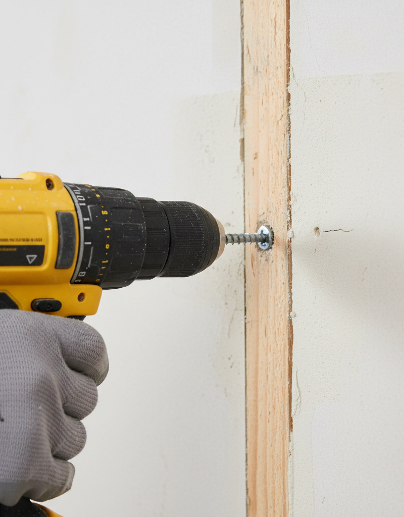 Homeowner using a drill to fix a drywall nail pop by installing a new screw