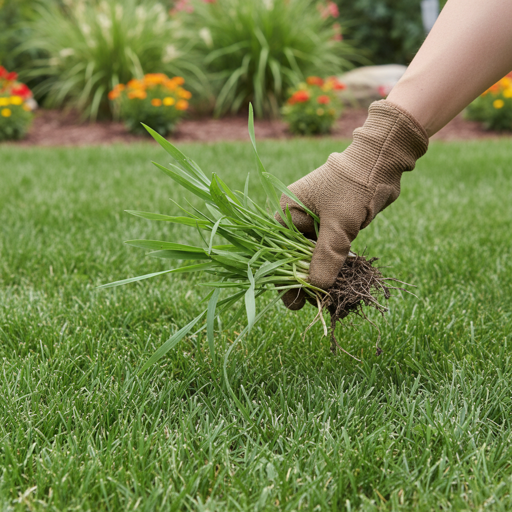 Gloved hand pulling crabgrass clump from a lush green lawn on a sunny day