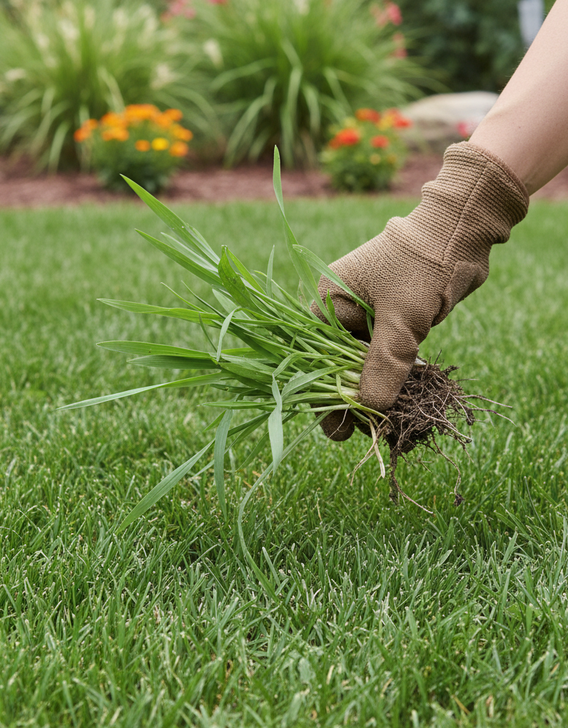 Gloved hand pulling crabgrass clump from a lush green lawn on a sunny day