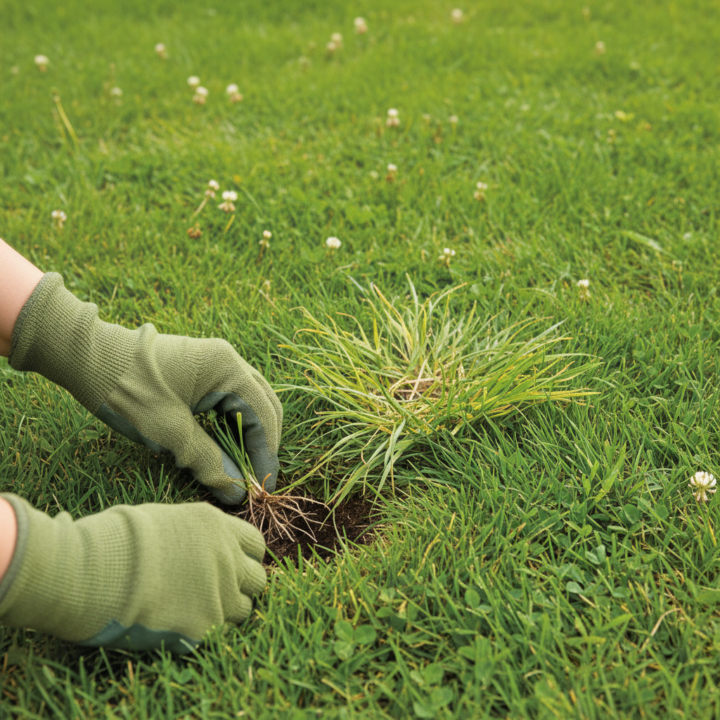 Homeowner hand-pulling young crabgrass from a healthy green lawn with gardening gloves on.